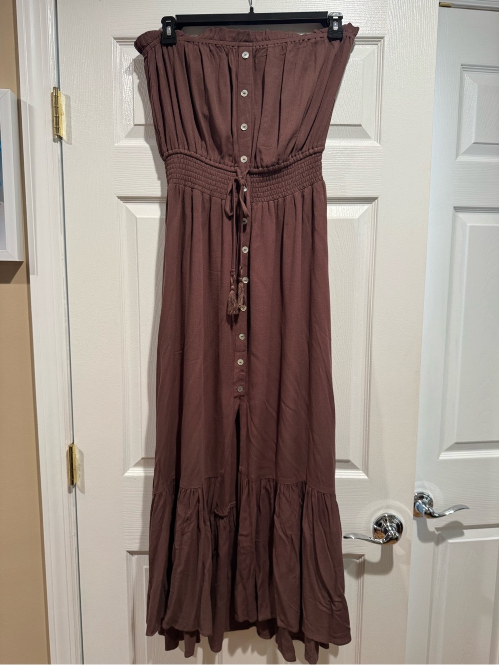bebe Strapless Button-Front Maxi Dress in Brown